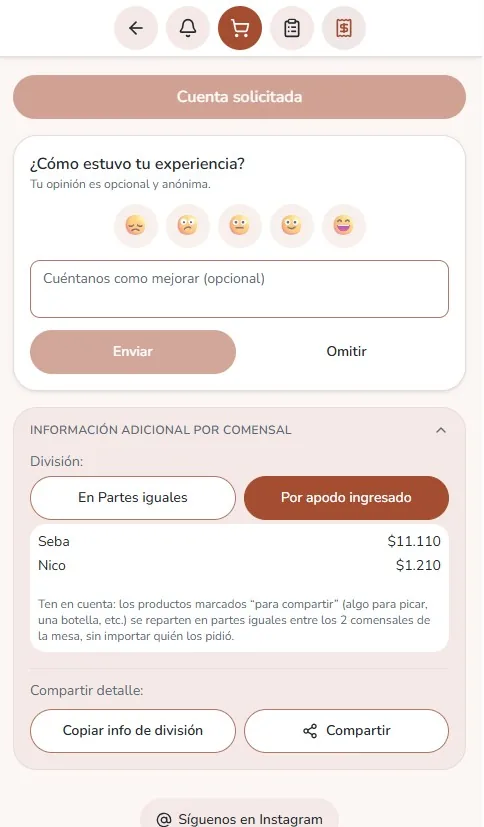 Evaluación anónima y opcional de la experiencia al pedir la cuenta