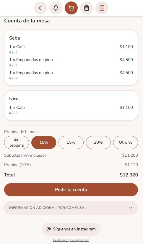 Cuenta de la mesa con propina editable y división del total entre los comensales