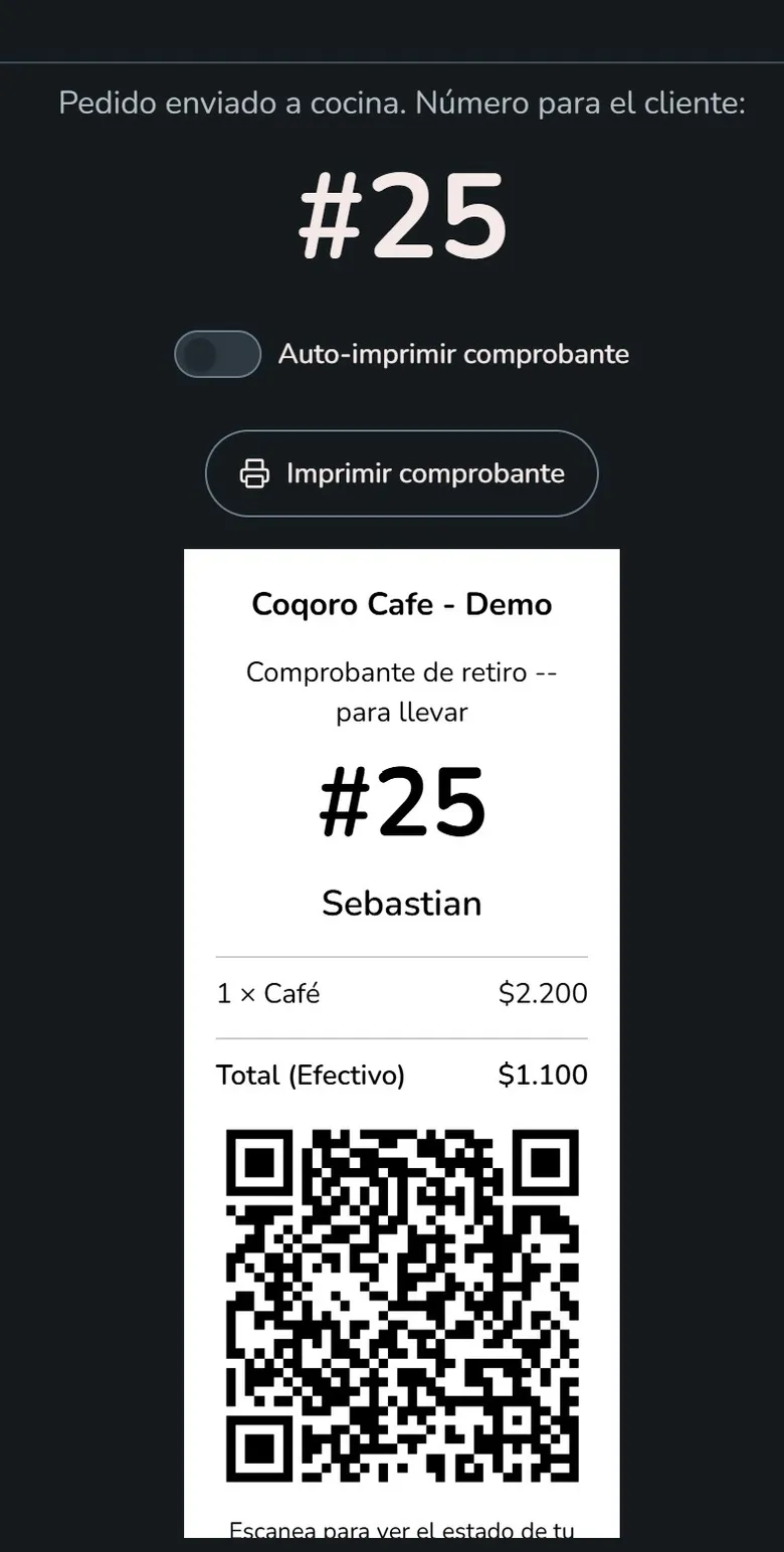 Comprobante de retiro con número de pedido y QR de seguimiento