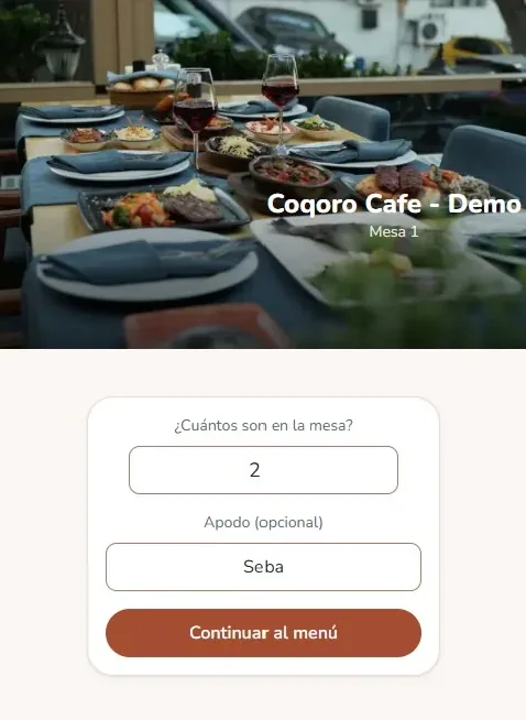 Menú del cliente: escanea el QR de la mesa y entra con un apodo opcional