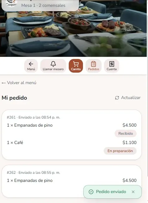 Estado del pedido del cliente actualizándose en vivo