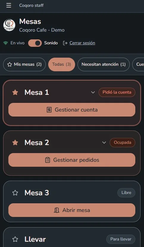 Panel de mesas del staff mostrando la alerta de una mesa que pidió la cuenta