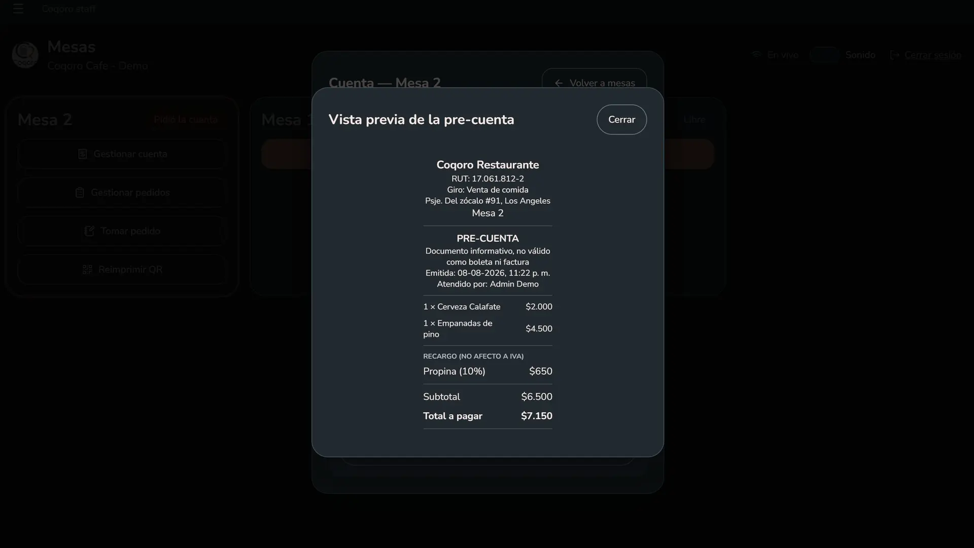 Vista previa de la pre-cuenta, documento informativo antes de cobrar