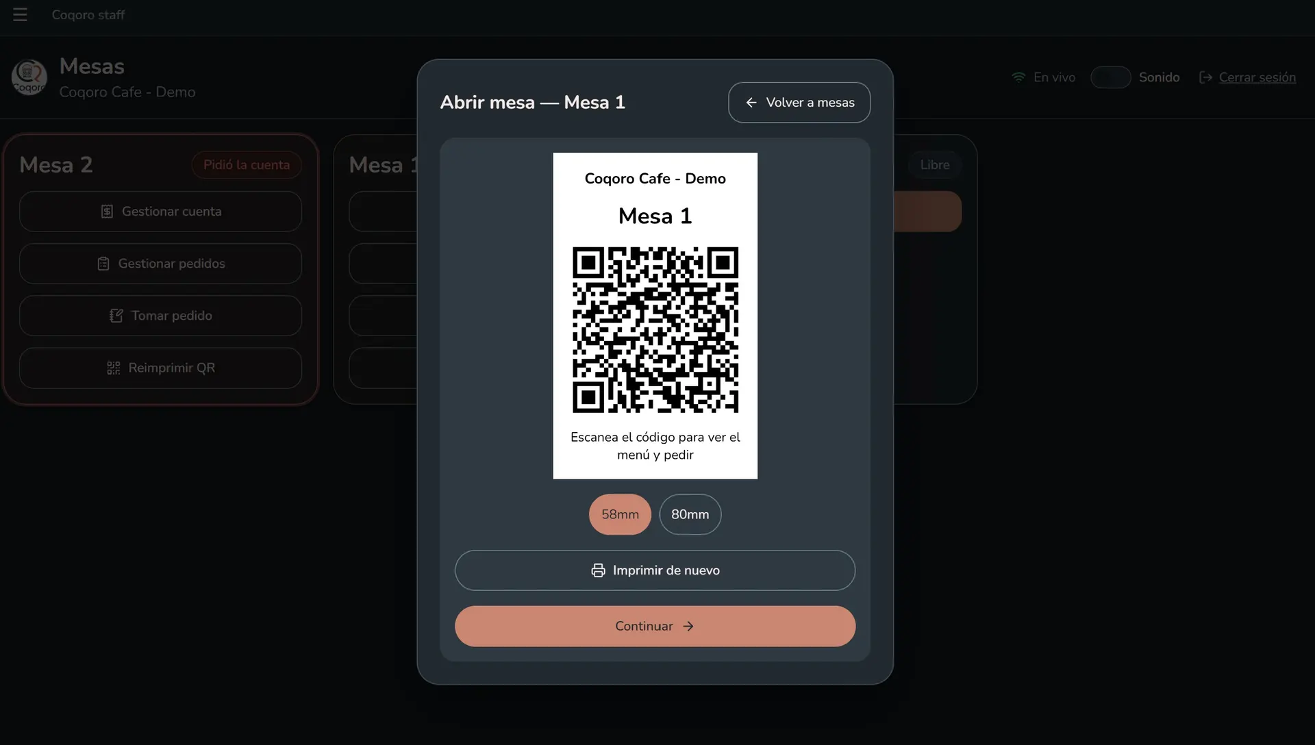 QR de sesión generado al abrir una mesa